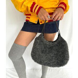 90s vintage made in Japan grey faux fur fuzzy kawaii grunge shoulder bag purse
